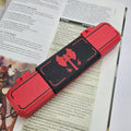 Red and black case with a red symbol on top of a book